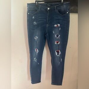 Judy Blue Dark Blue Distressed Skinny Jeans with serape patching